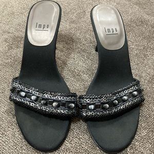 Impo Beaded Black Leather Heels Size 6.5